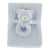 Luxe baby cadeauset jongen met blauwe flanellen babydeken 100x75 cm en beren rammelaar kraamcadeau