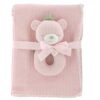 Luxe baby cadeauset meisje met roze flanellen babydeken 100x75 cm en beren rammelaar kraamcadeau