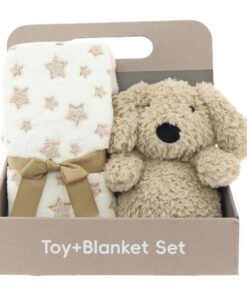 Baby cadeauset met zachte babydeken met sterretjes en knuffel hond in geschenkverpakking – kraamcadeau