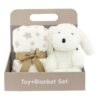 Baby cadeauset met zachte babydeken met sterretjes en knuffel hond in geschenkverpakking – kraamcadeau