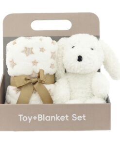 Baby cadeauset met zachte babydeken met sterretjes en knuffel hond in geschenkverpakking – kraamcadeau
