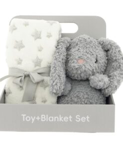 Baby cadeauset met zachte babydeken met sterretjes en knuffel hond in geschenkverpakking – kraamcadeau